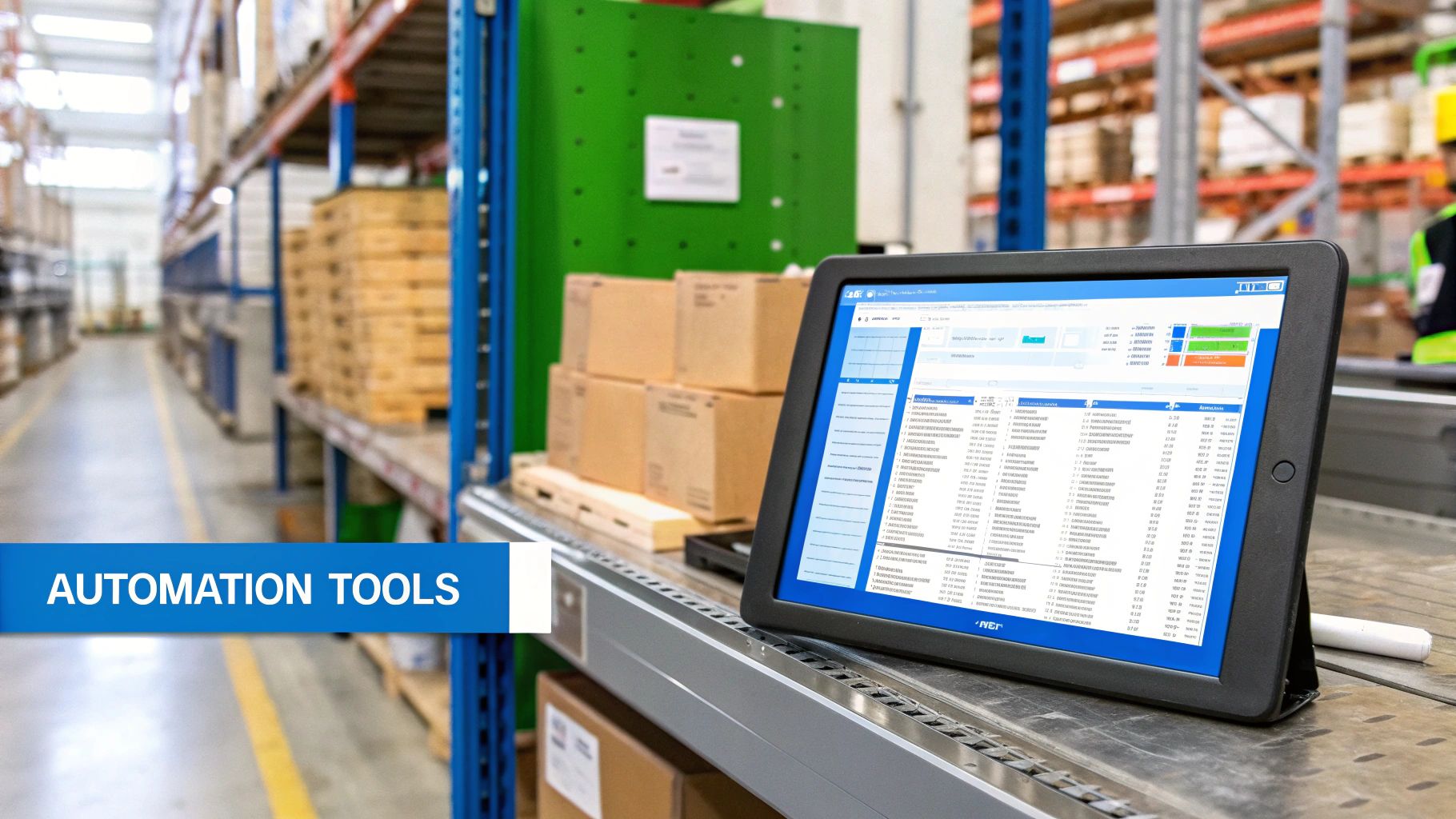 A restaurant manager using a tablet to check inventory levels with a modern POS system in the background.