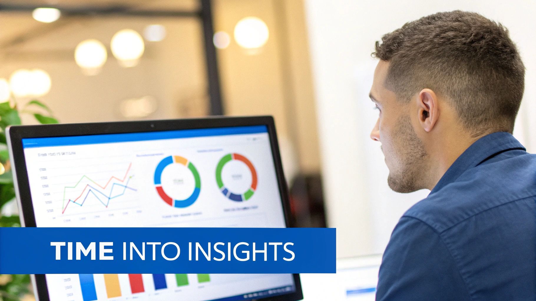 A dashboard showing business intelligence data with graphs and charts analyzing employee hours and productivity.
