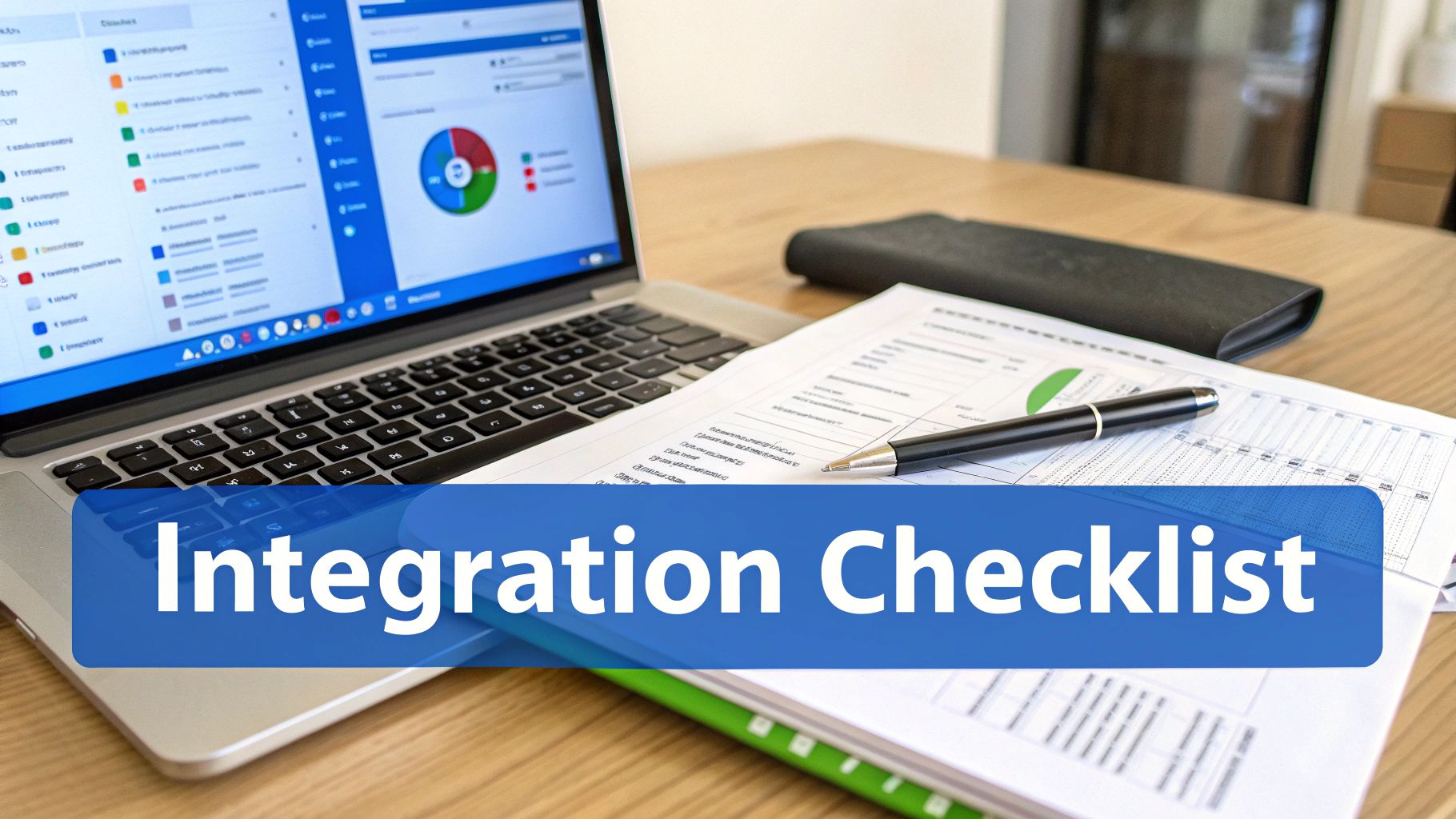 A laptop, documents, and pen on a desk, with 'Integration Checklist' text overlaid.