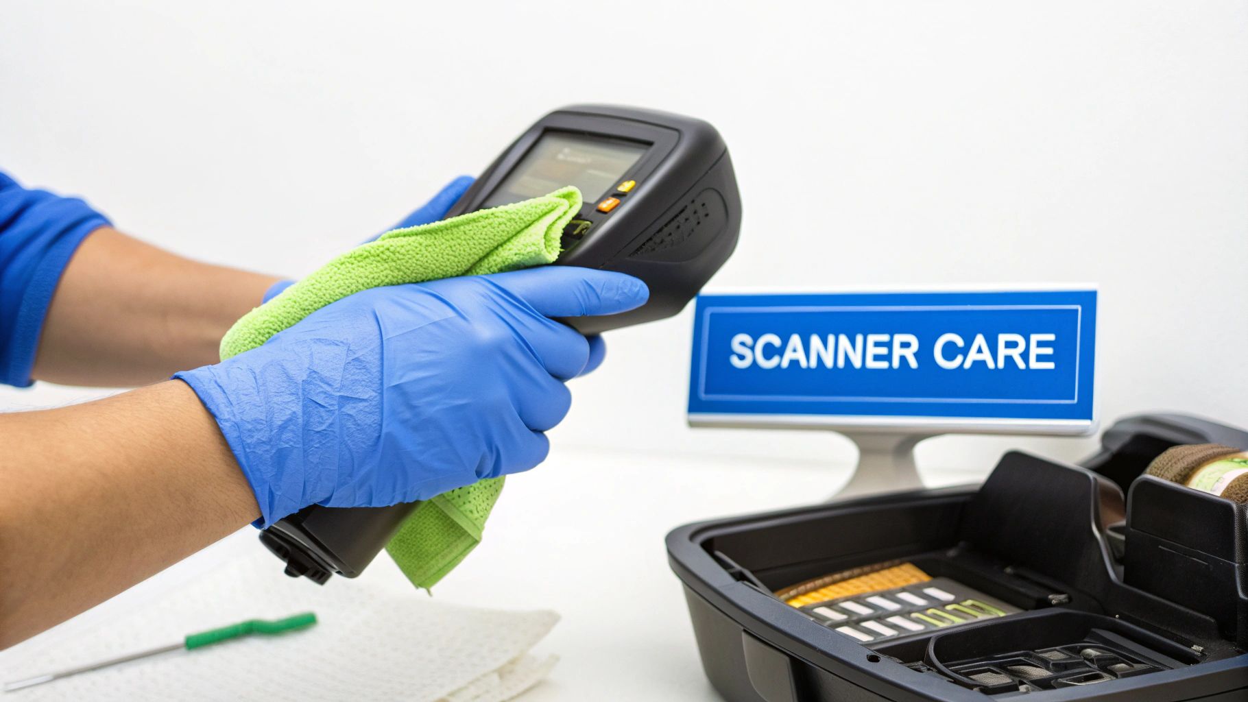 Person wearing blue gloves cleaning barcode scanner with green microfiber cloth for maintenance