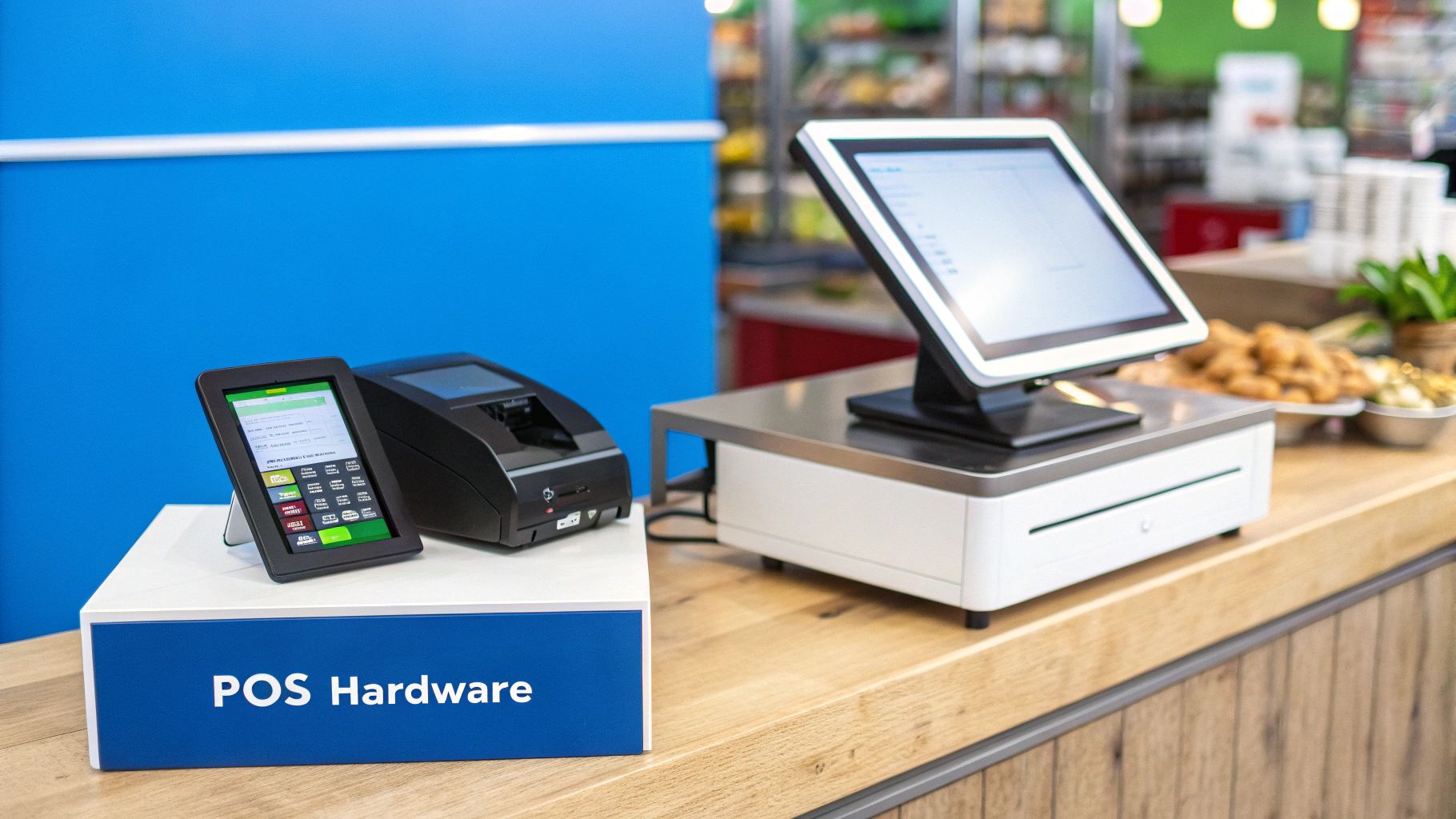 A mobile POS system showing a tablet and card reader on a countertop.