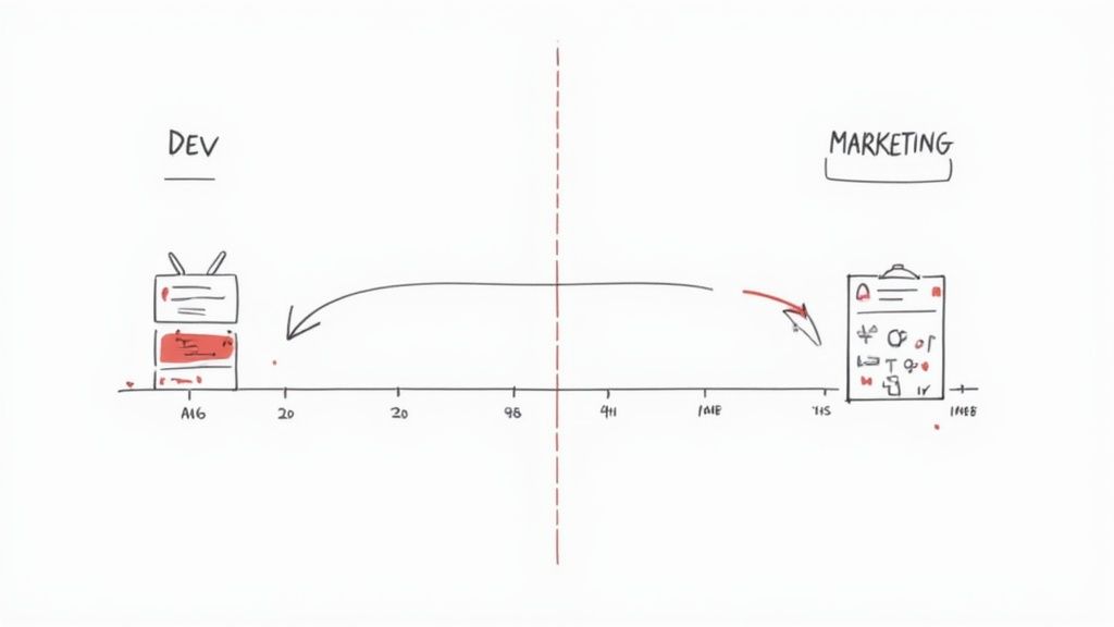 Timeline diagram showing development and marketing team workload distribution across months with visual workflow arrows