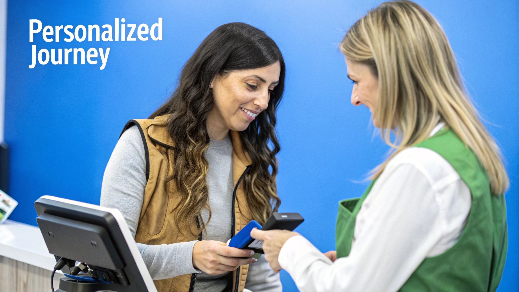 A store owner using a tablet POS to show a customer personalized product recommendations based on their purchase history.