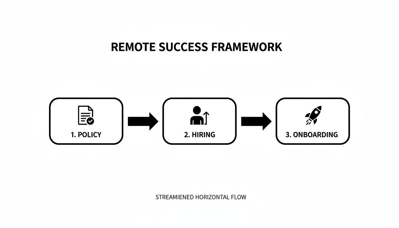 Remote success framework diagram illustrating policy, hiring, and onboarding processes in a streamlined flow.