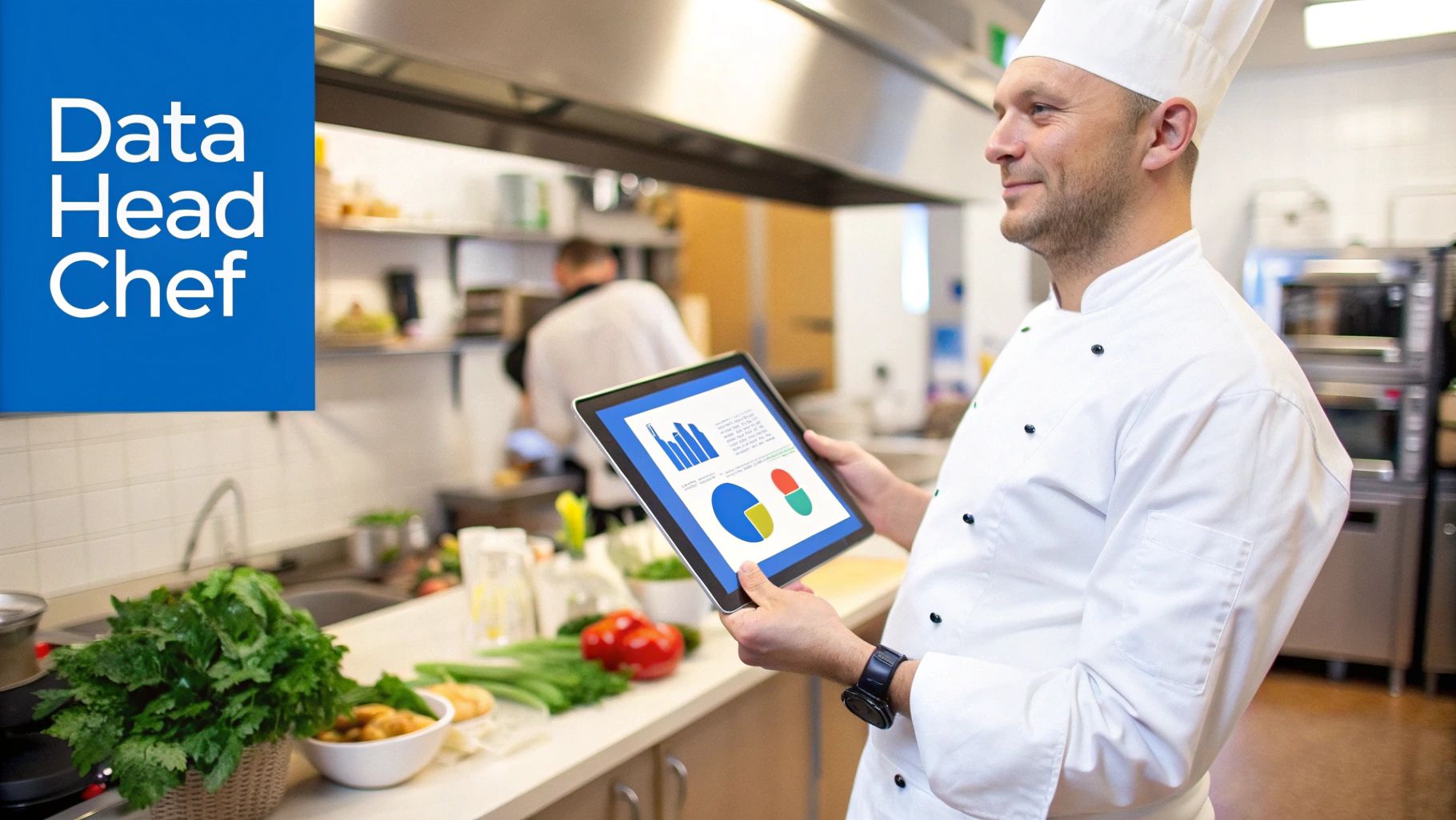 An image showing a restaurant manager analyzing data on a tablet, with charts and graphs overlaid, representing restaurant analytics software in action.