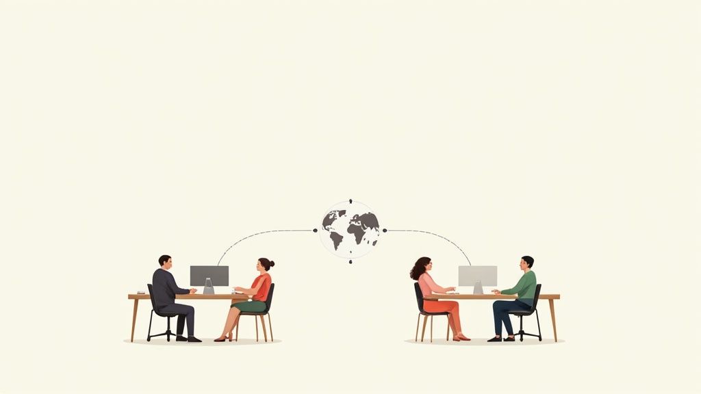 Illustration of two groups of people working remotely, connected globally through computers and a world map.