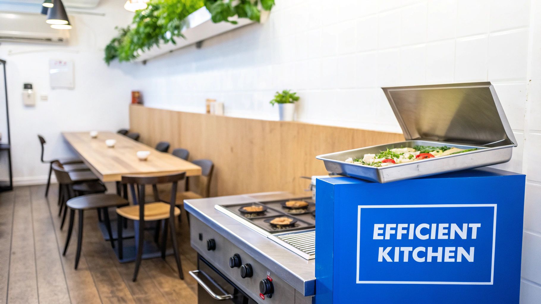 Restaurant kitchen and dining area setup.