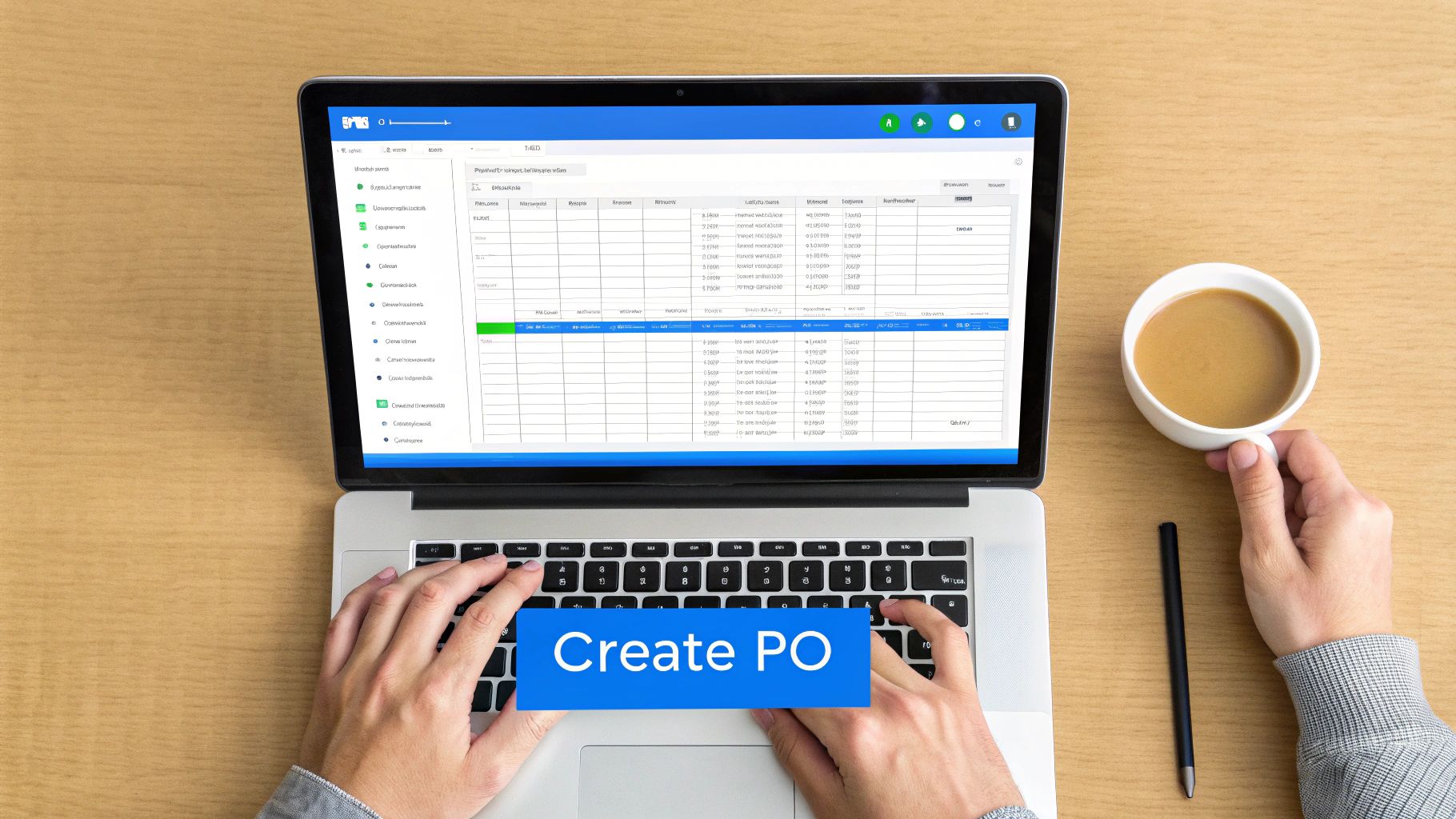 A person at a desk creating a purchase order on a laptop with a coffee nearby.