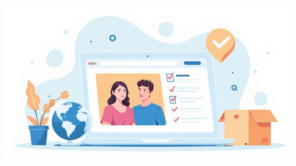 An illustration of a laptop showing a couple and a completed checklist, with a globe and box.