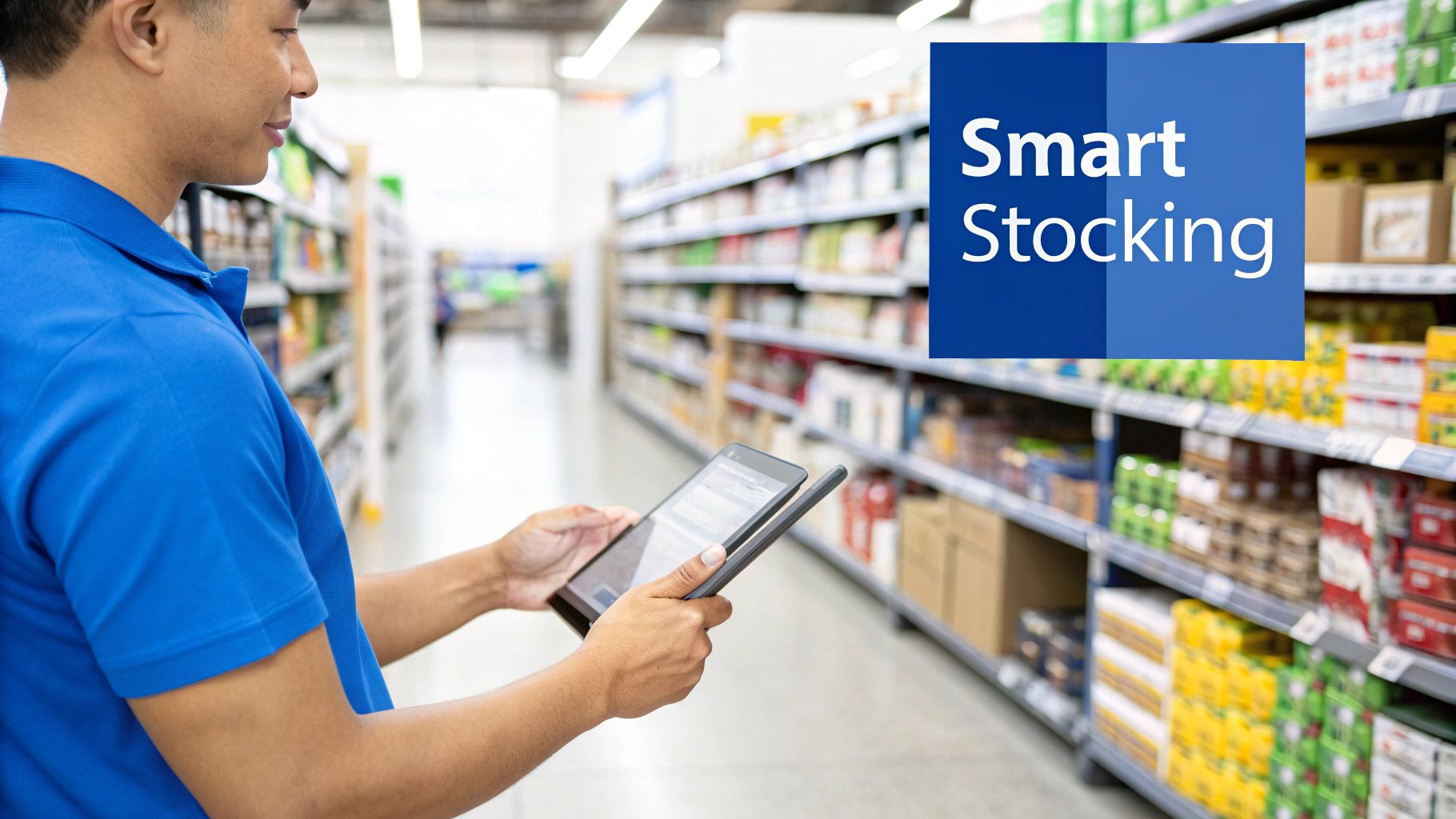 A business owner smiling while reviewing business data on a tablet in their store.