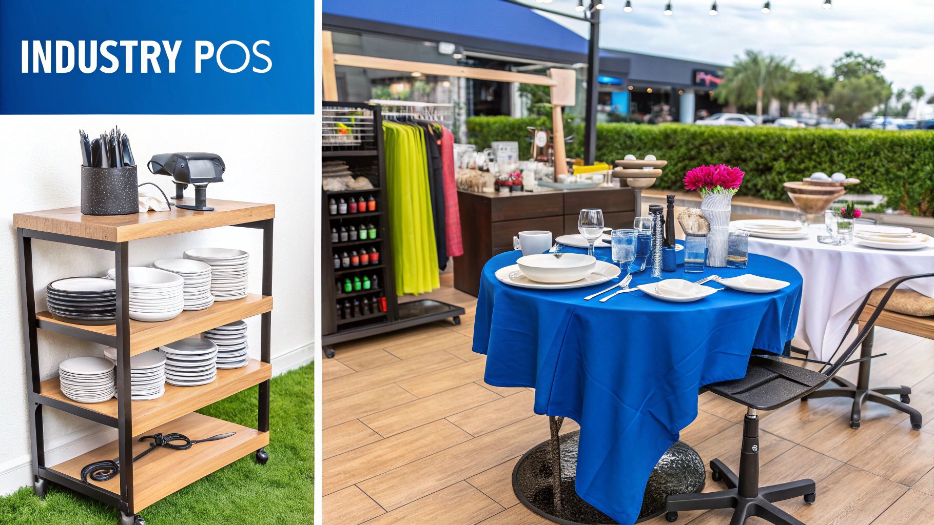 A waiter using a handheld POS device to take an order at a restaurant table.