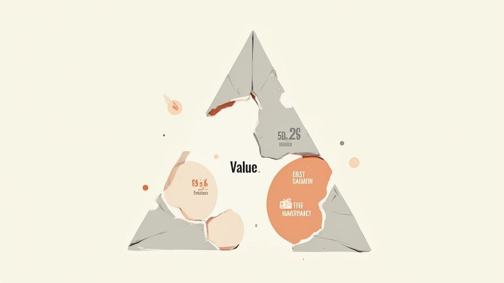 A fractured triangle diagram titled 'Value', illustrating concepts of ideas, experience, and maintenance.