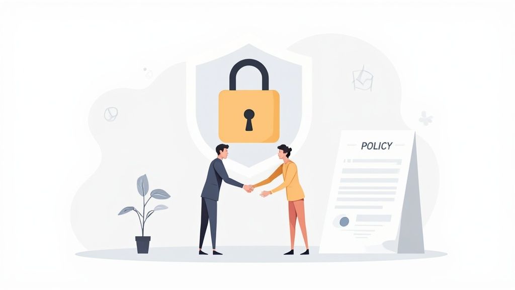 Two people shake hands under a security padlock and shield, next to a policy document.