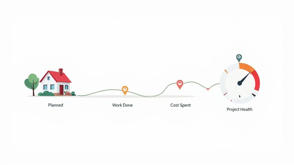 A visual timeline illustrating project stages: Planned (house), Work Done, Cost Spent, and Project Health gauge.