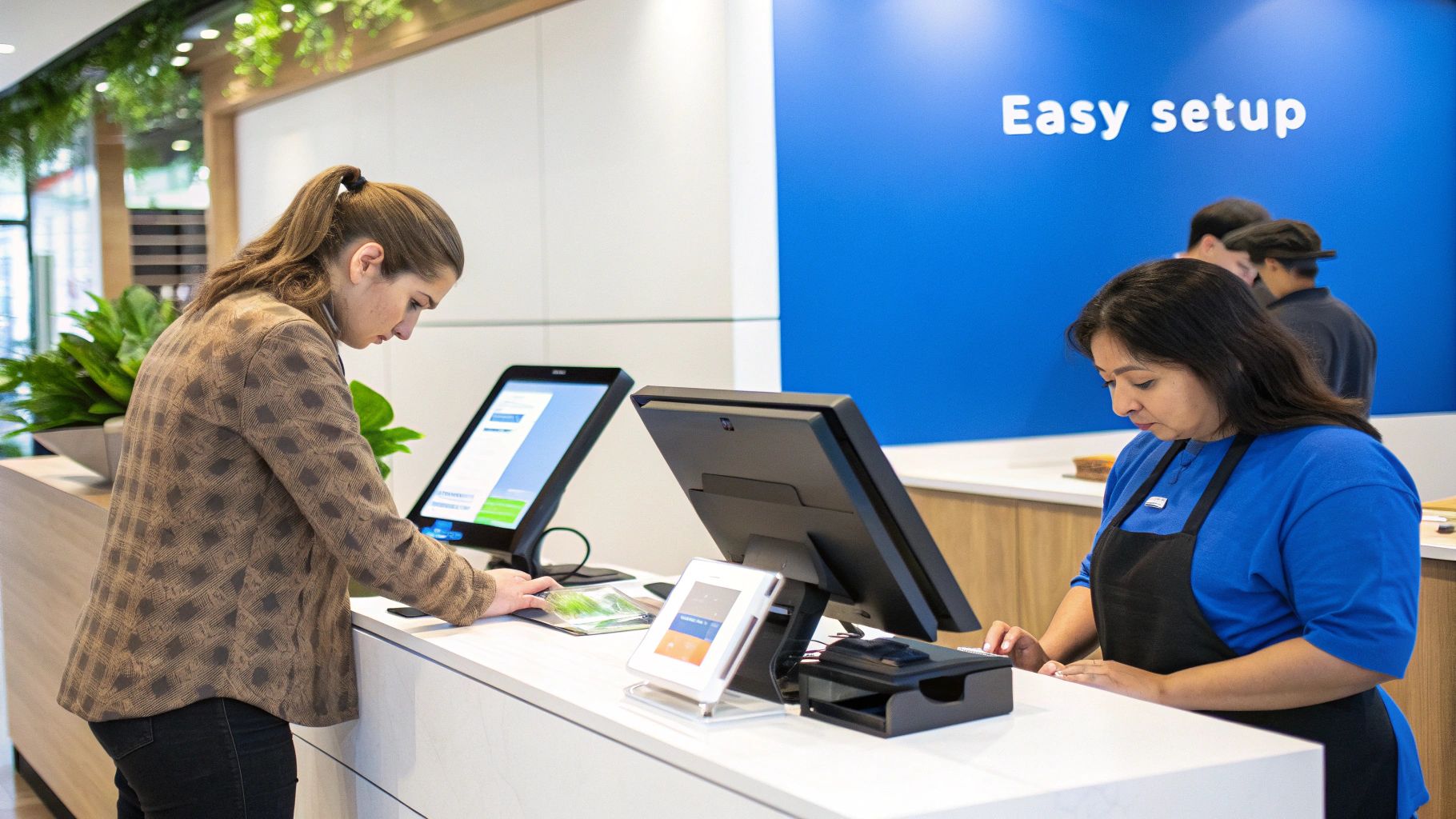 A business owner using a barcode scanner to update stock on a POS terminal.