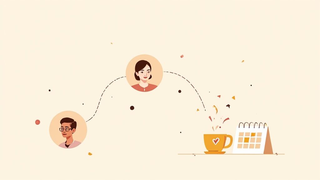 Illustration showing two user profiles, a man and a woman, connected by a dashed line to a calendar and coffee cup with heart.