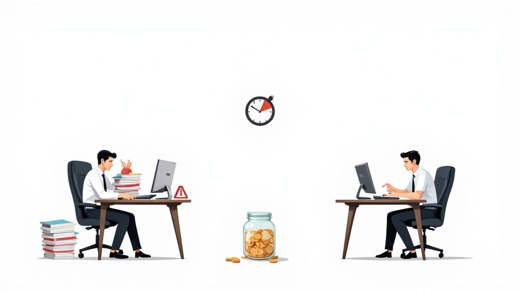 A person looking stressed at a desk cluttered with papers, representing the costs of poor resource planning.