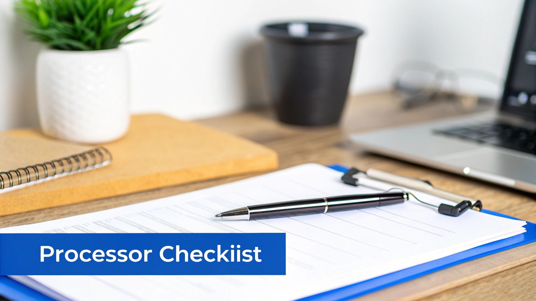 An office desk setup with a 'Processor Checkliist' on a clipboard, pen, and laptop.