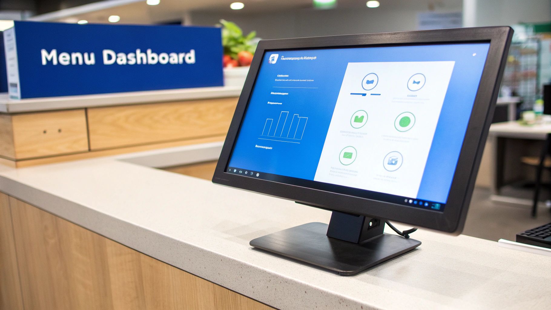 A digital menu on a tablet displaying various food items.