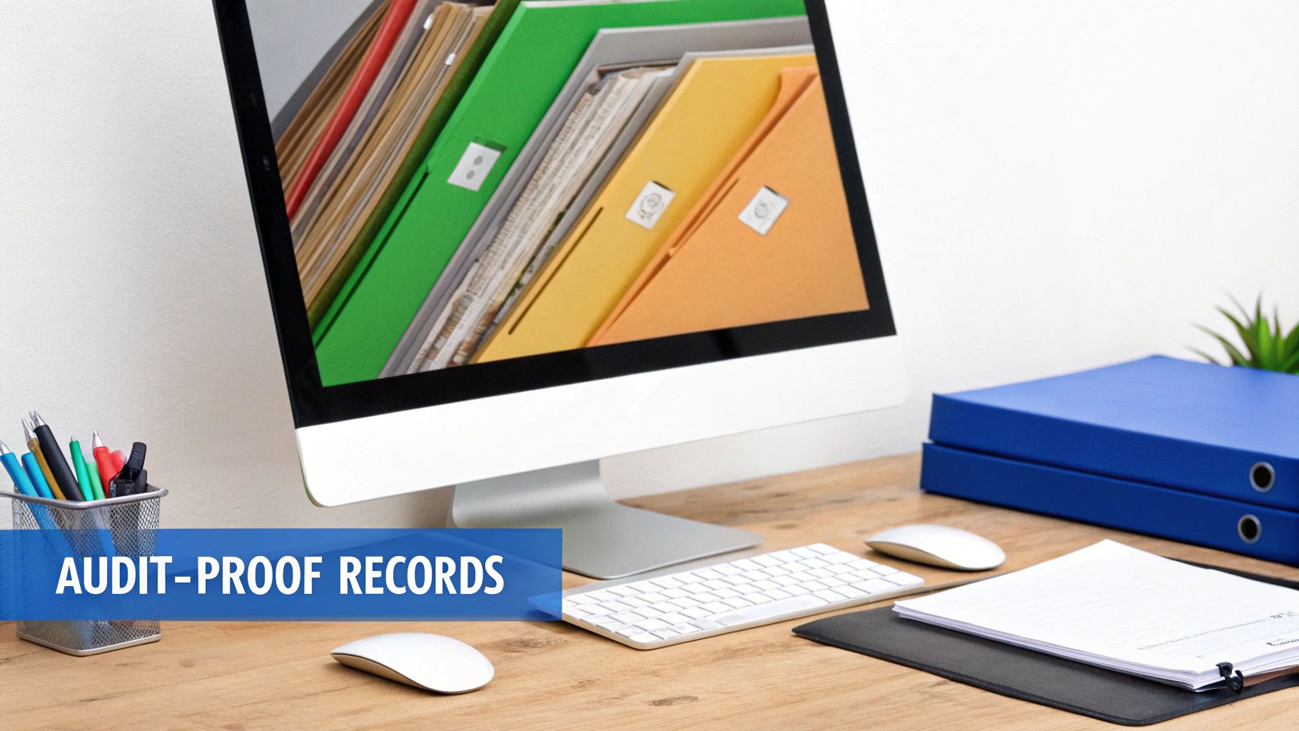 A person at a clean desk using a laptop to review financial charts and a digital receipt archive, signifying organization and control.