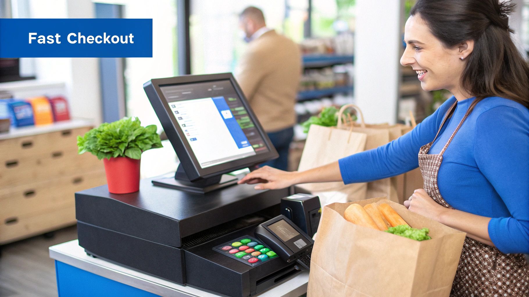 A team works together around a computer, discussing the implementation of a new software system.