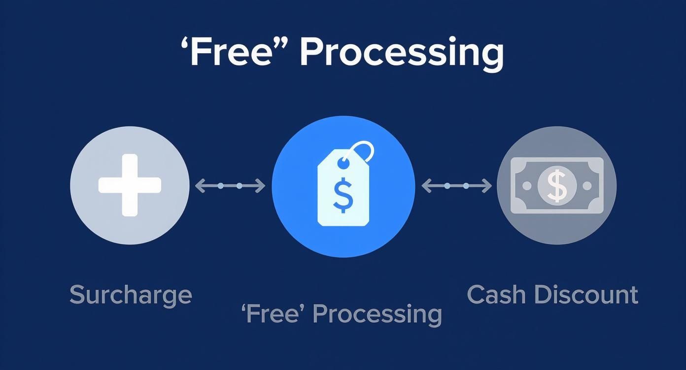 Diagram explaining 'Free' Processing, illustrating its connection to Surcharge and Cash Discount options.