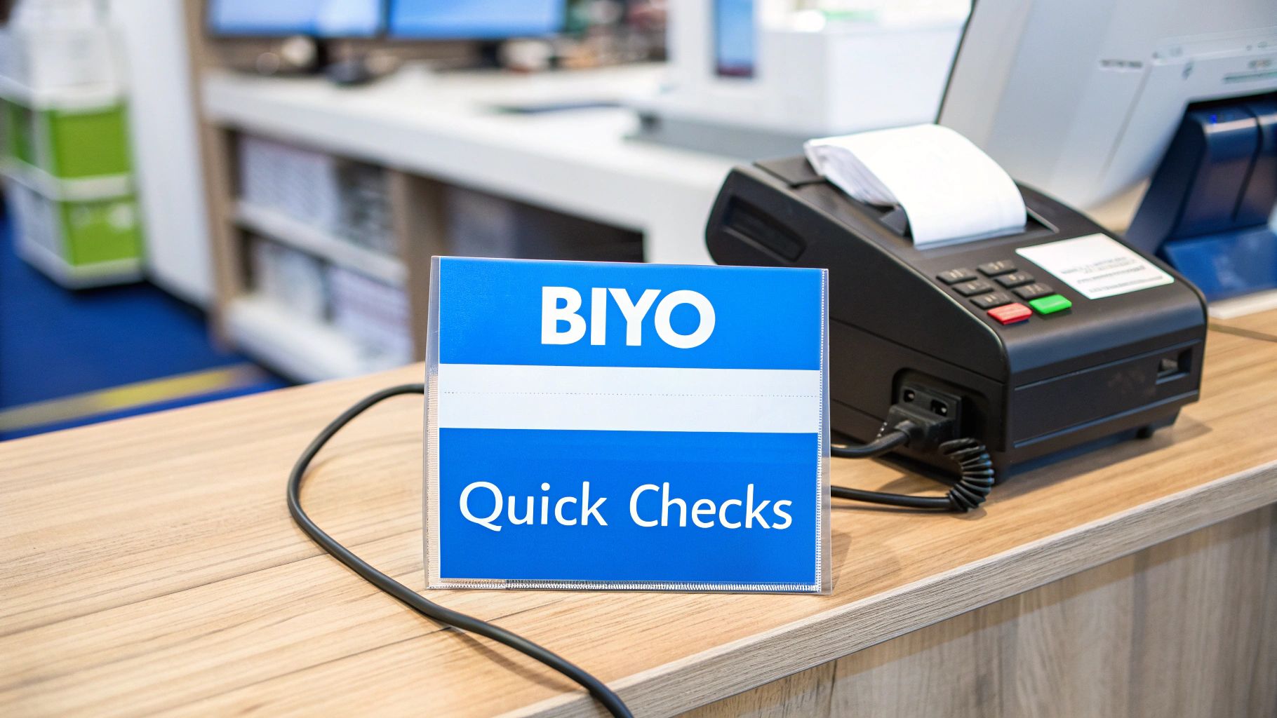 A blue 'BIYO Quick Checks' sign on a wooden counter next to a black payment terminal.