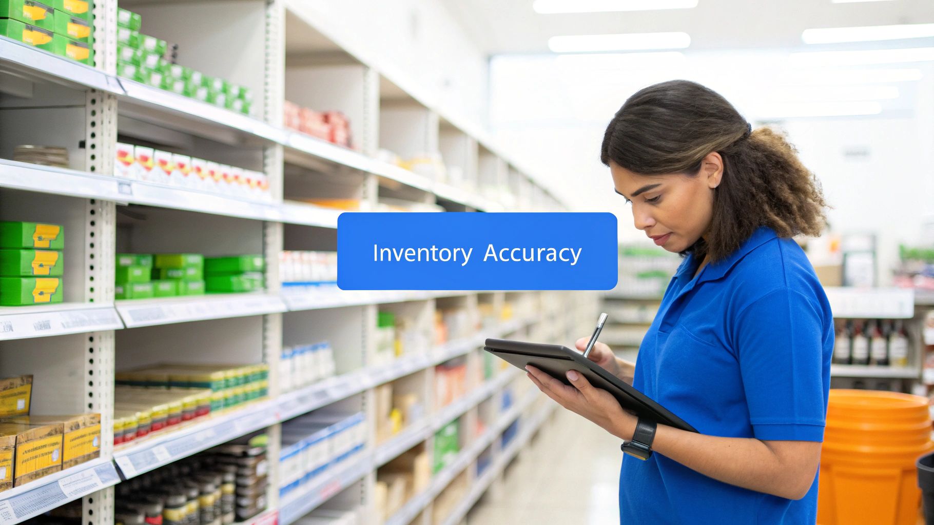 A small business owner using a tablet to conduct an inventory count in a well-organized stockroom.