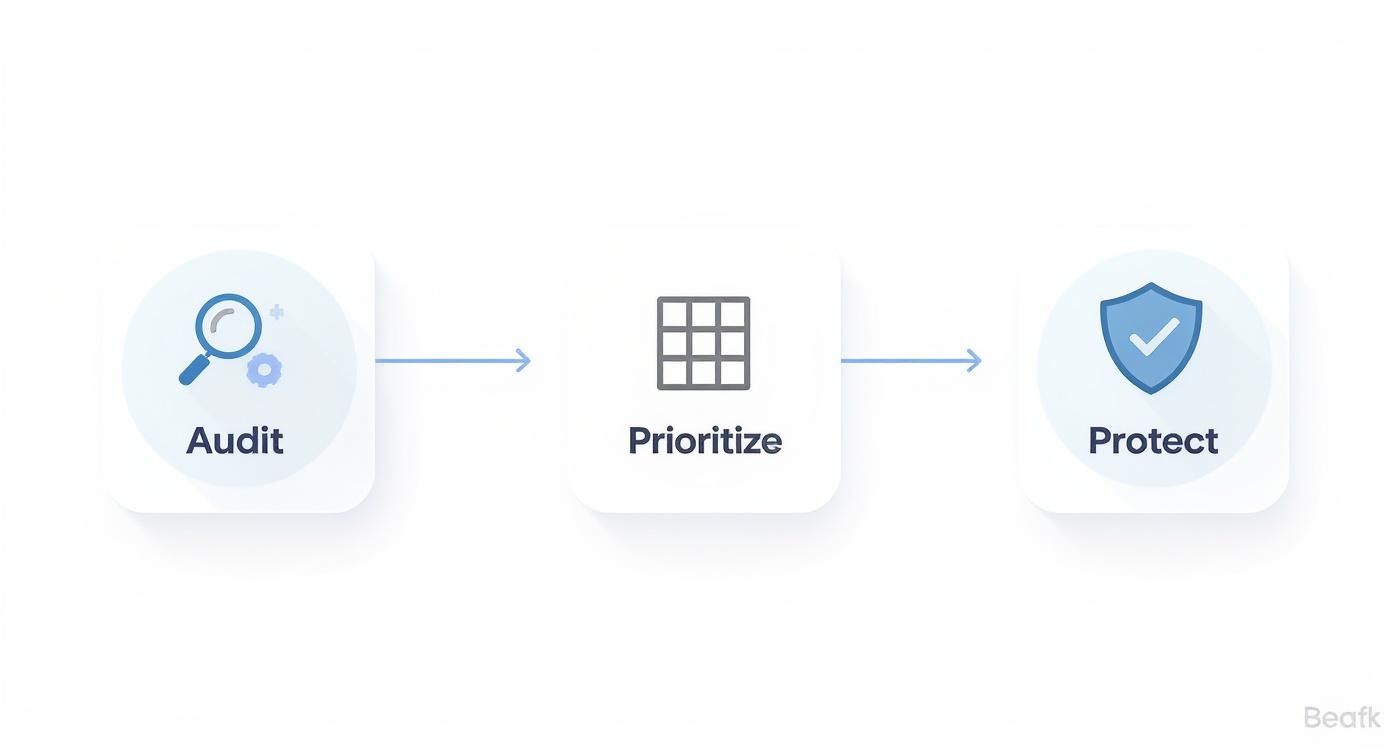 Three-step cybersecurity workflow showing audit, prioritize, and protect stages with icons and arrows