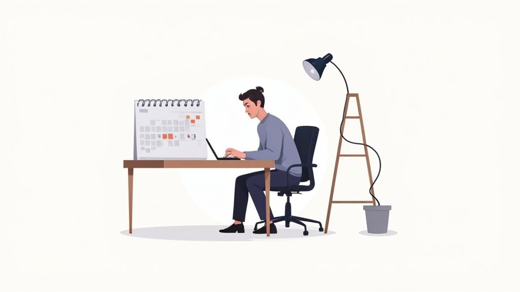 A man sits at a desk, working on a laptop with a calendar in a modern workspace.
