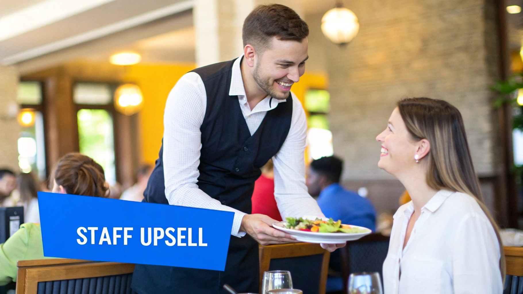A smiling server confidently presenting a bottle of wine to a table of happy diners.