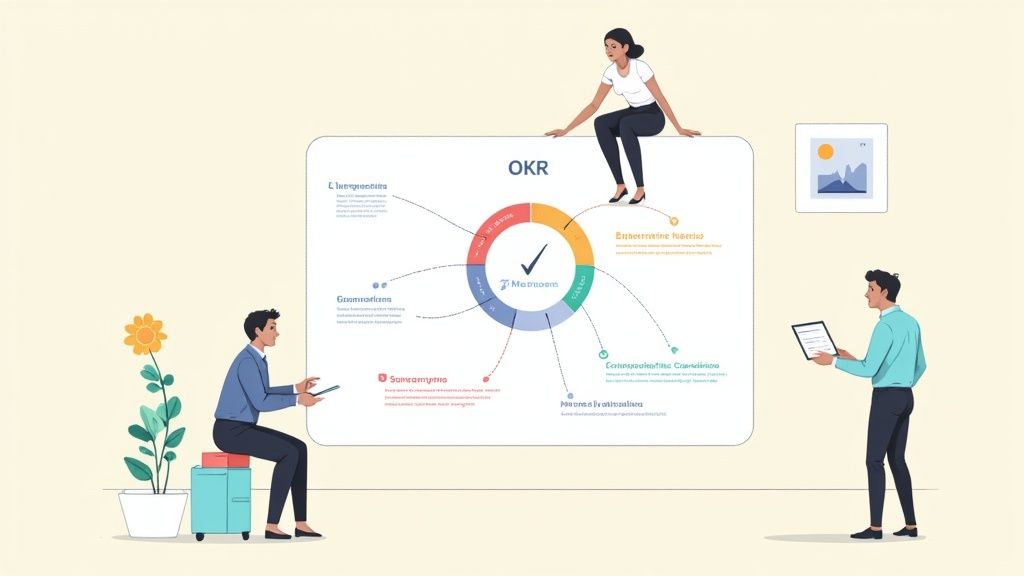 Three people collaborating around a large OKR diagram with a circular chart, representing business objectives.