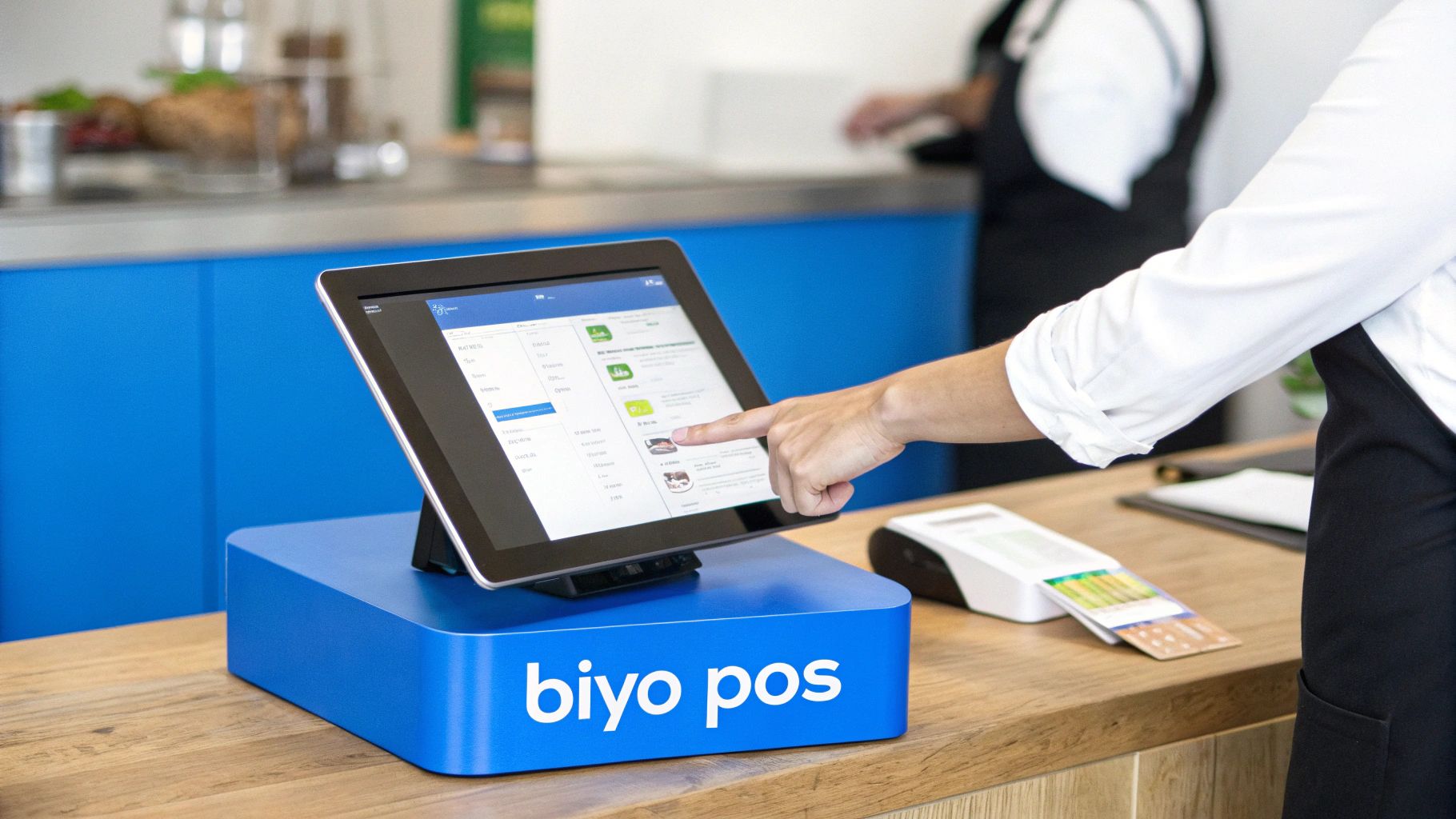 A person uses a Biyo POS touchscreen system in a cafe, tapping to process an order.