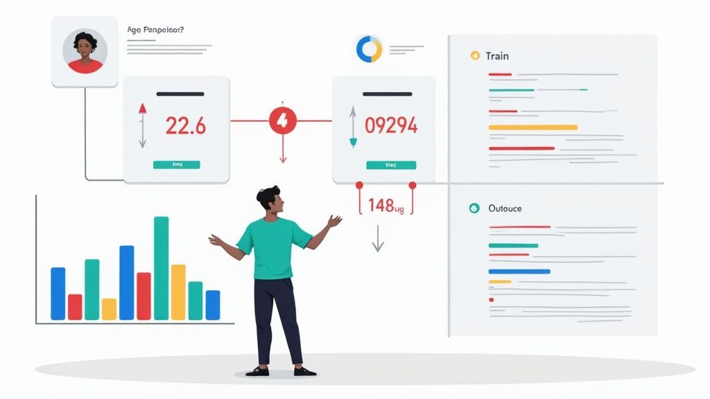 Data analyst presenting machine learning model workflow with training data and outcome visualizations on dashboards