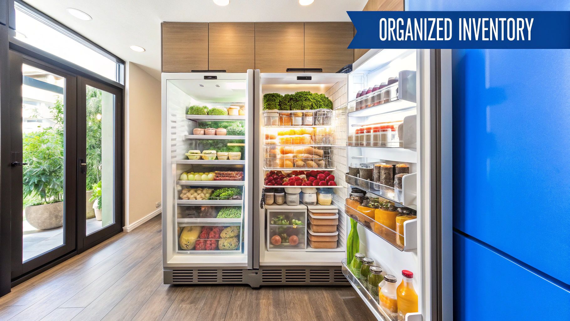 Person using a tablet to manage food inventory in a restaurant stockroom