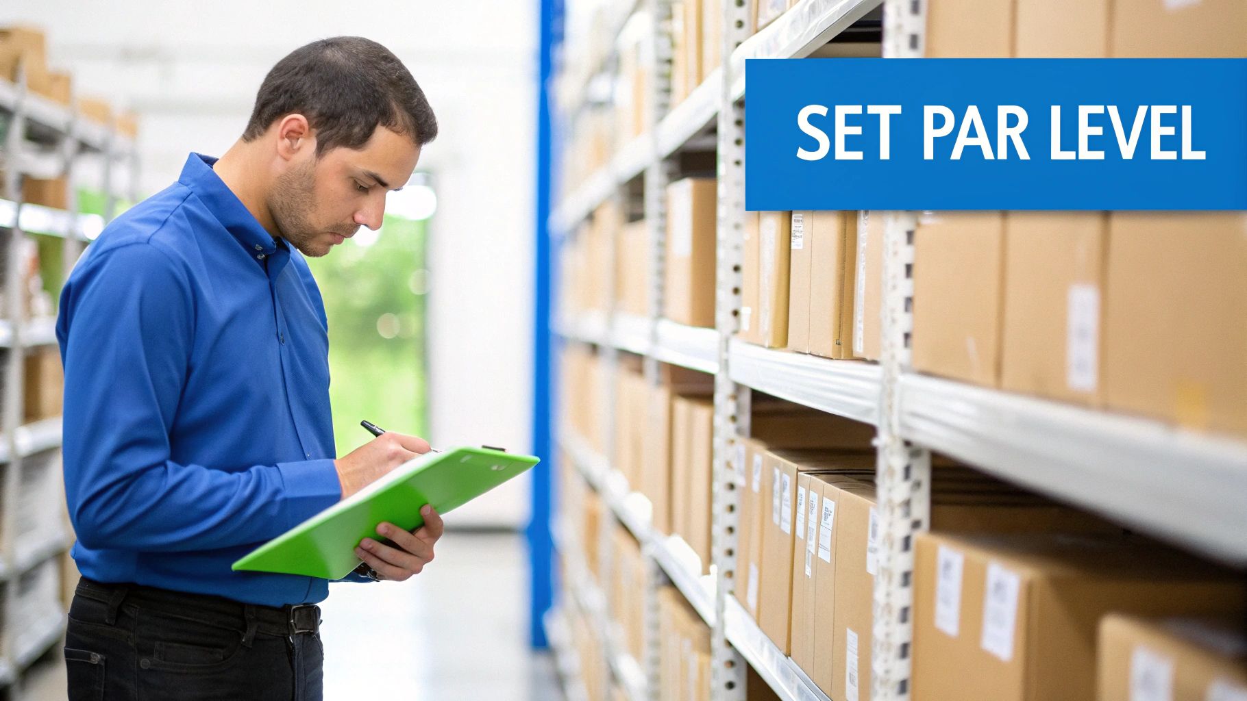 A person checking inventory levels on a tablet in a warehouse