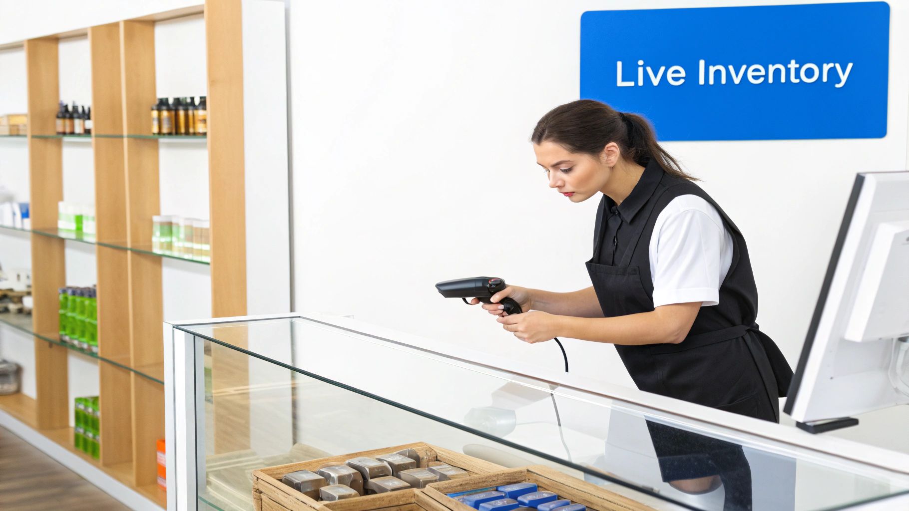 A retail store employee using a POS system to scan products for a customer.