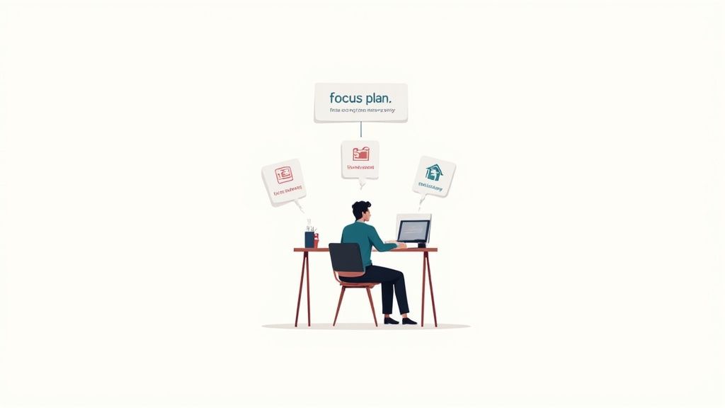 A person at a desk creating a "focus plan" with "term balances," "foundations," and "the history" on a laptop.