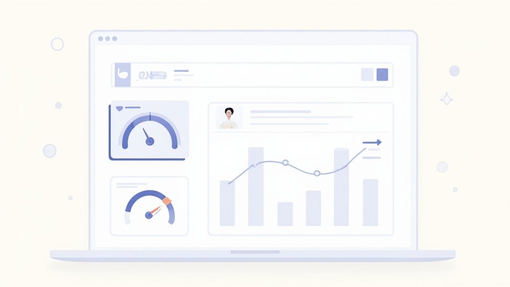 A laptop screen displaying a data dashboard with various charts, graphs, and gauges for analytics.