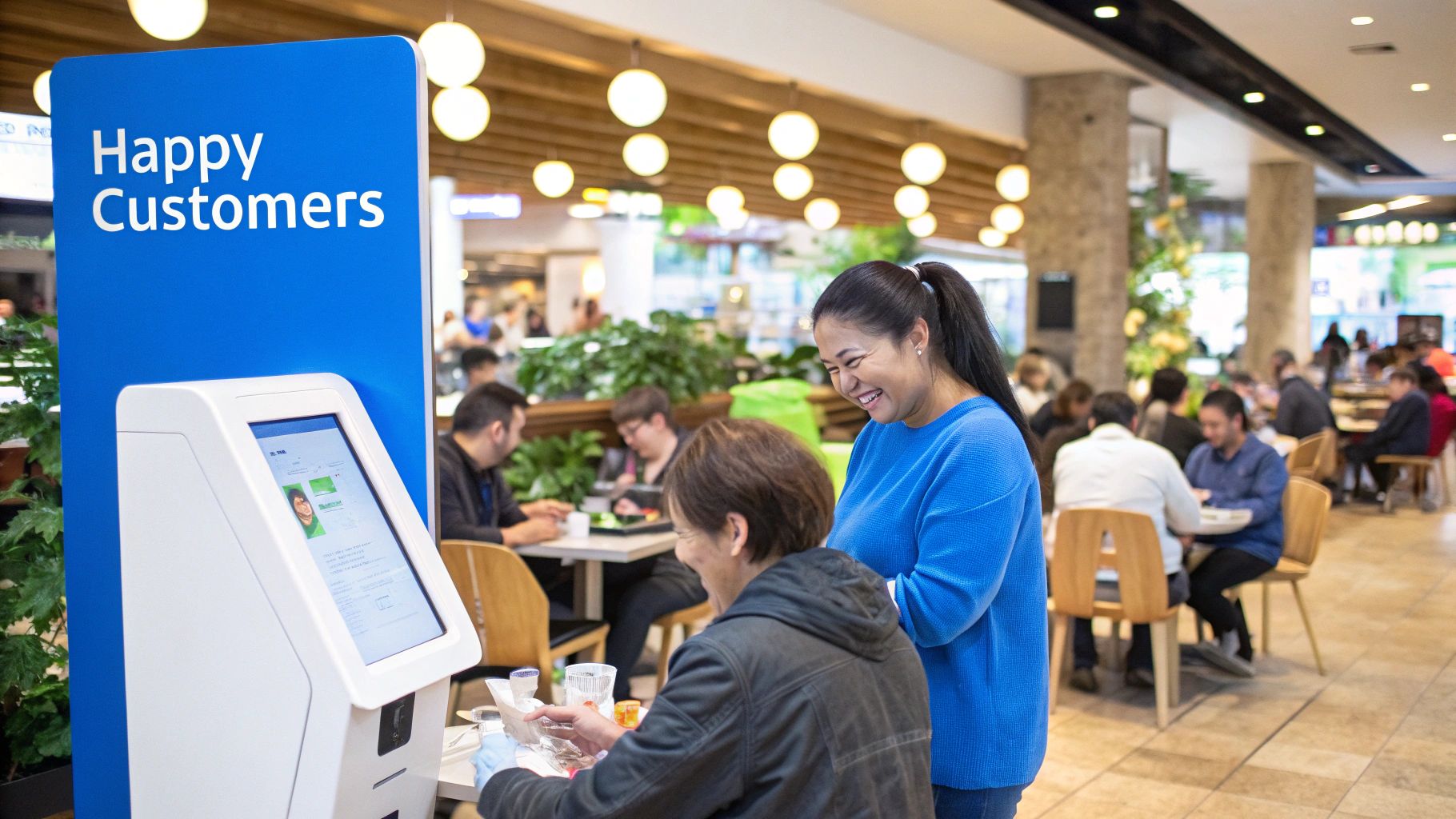 A self ordering kiosk screen showing a seamless integration with a POS system in a restaurant.