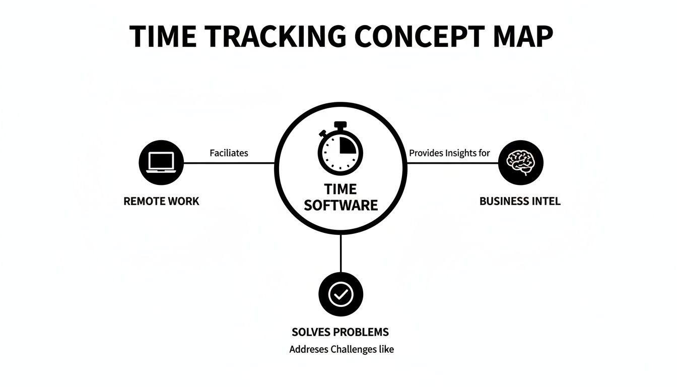 Concept map showing time tracking software facilitating remote work, providing business insights, and solving problems.