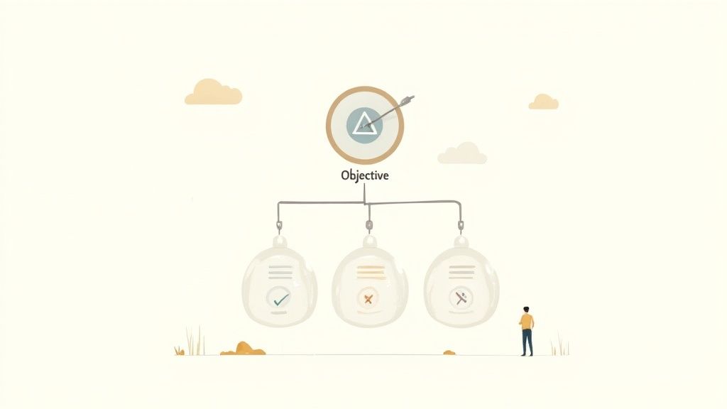 An objective (target with arrow) connected to three tasks (completed, failed, in progress). A person views the progress.