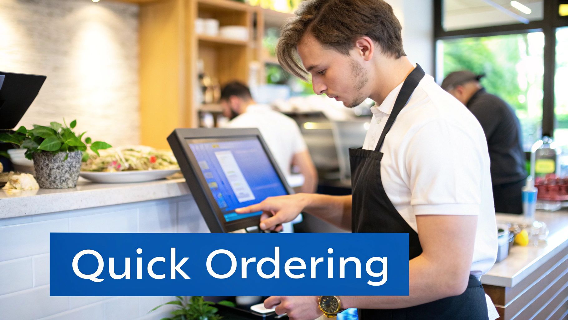 Staff member using a sleek, modern POS system in a quick service restaurant