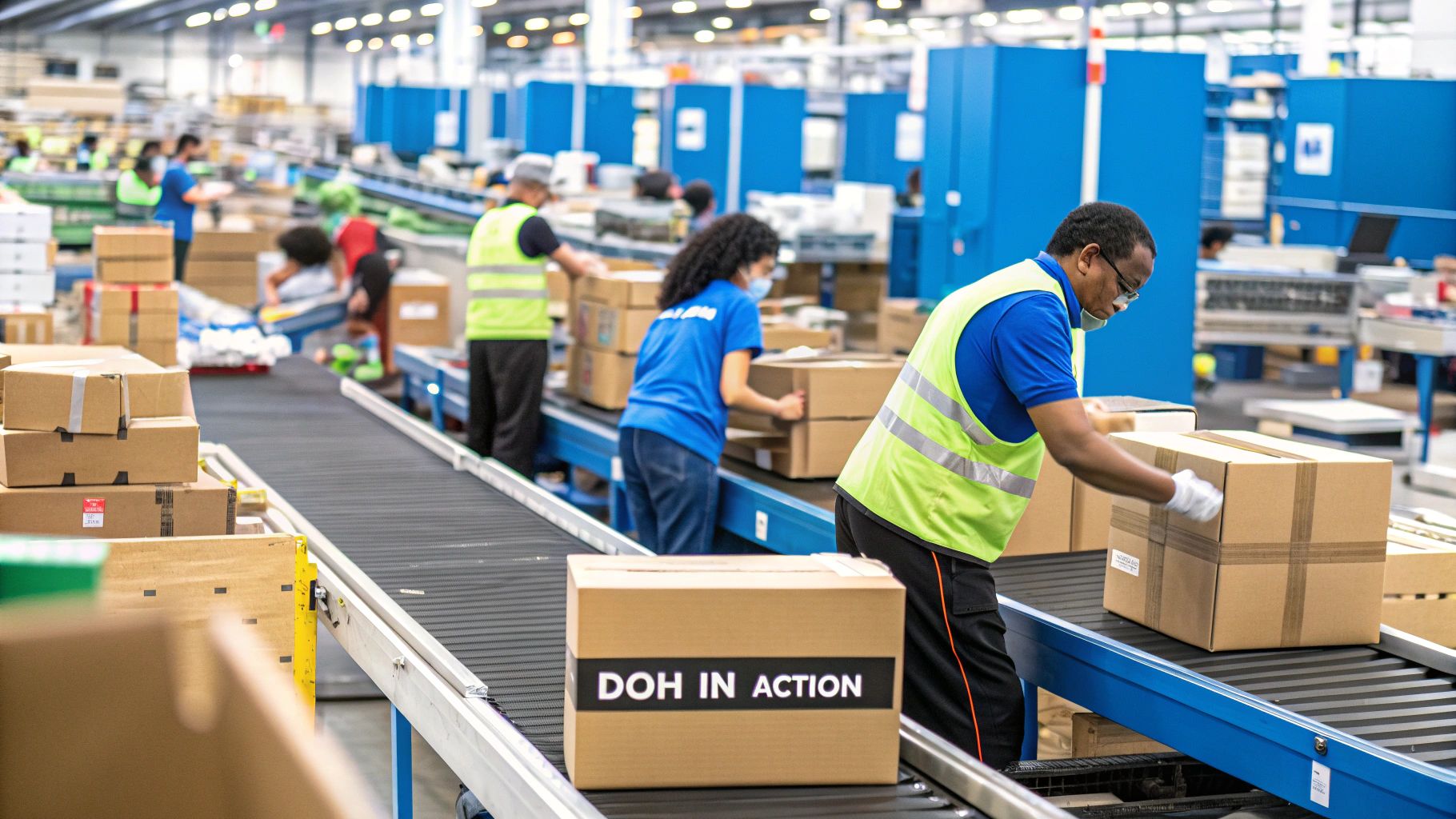 A bustling warehouse with employees managing packages, illustrating complex logistics.