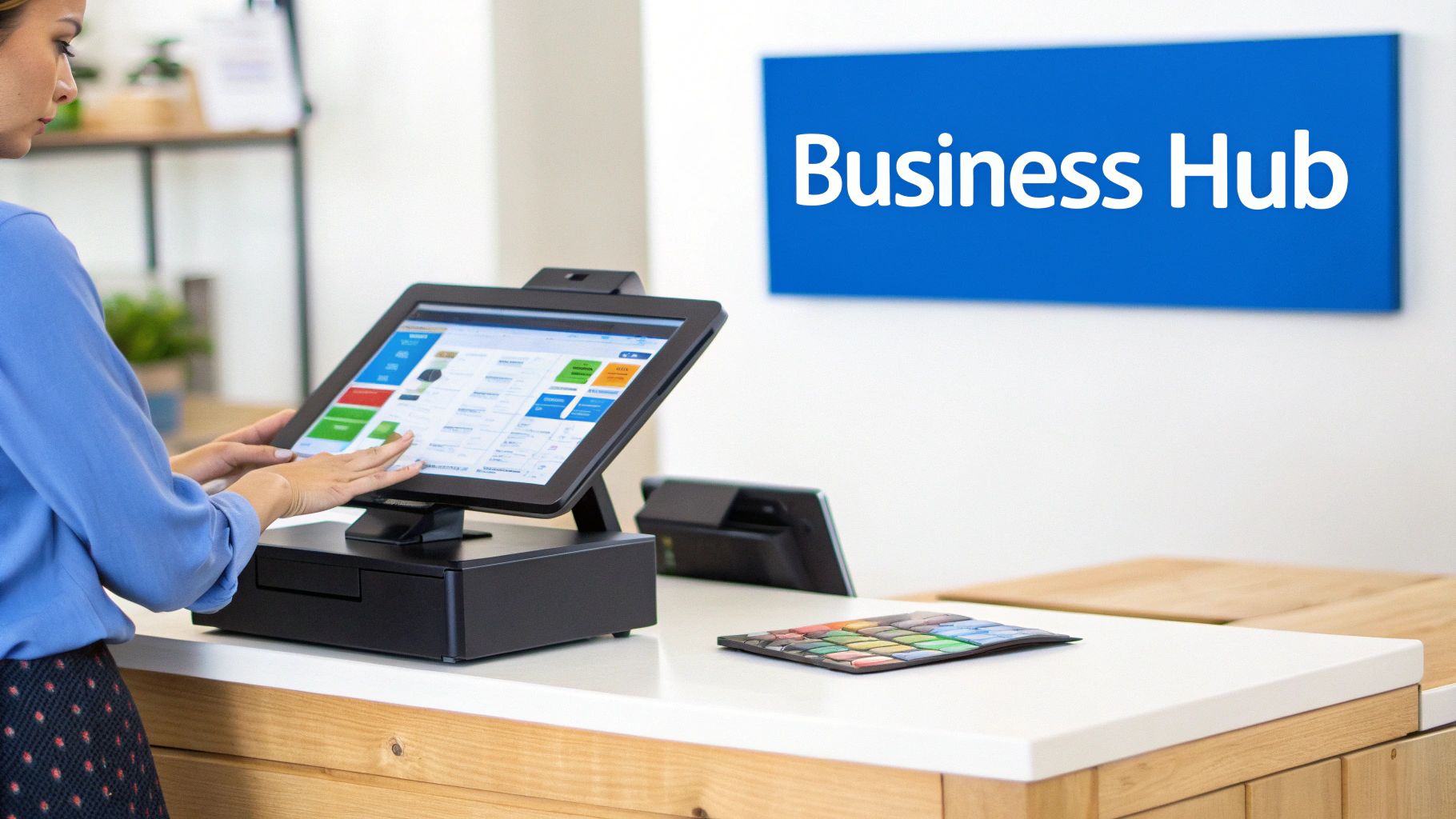 A modern POS terminal setup including a touchscreen, card reader, and receipt printer.