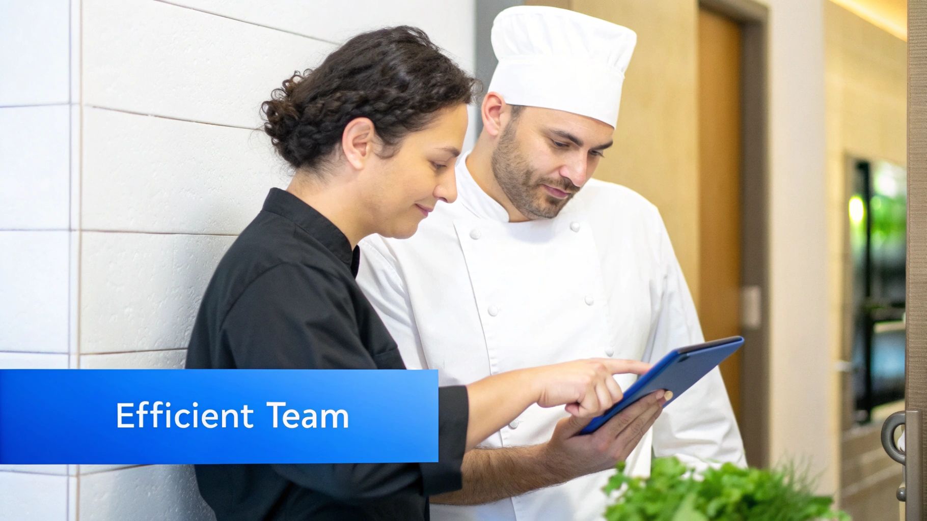 A restaurant team, including chefs and servers, working together efficiently in a modern kitchen.