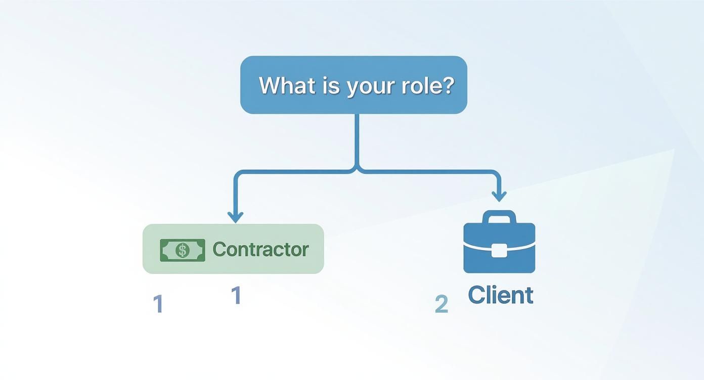 A flowchart titled 'What is your role?' branches to two options: Contractor (money icon) and Client (briefcase icon).