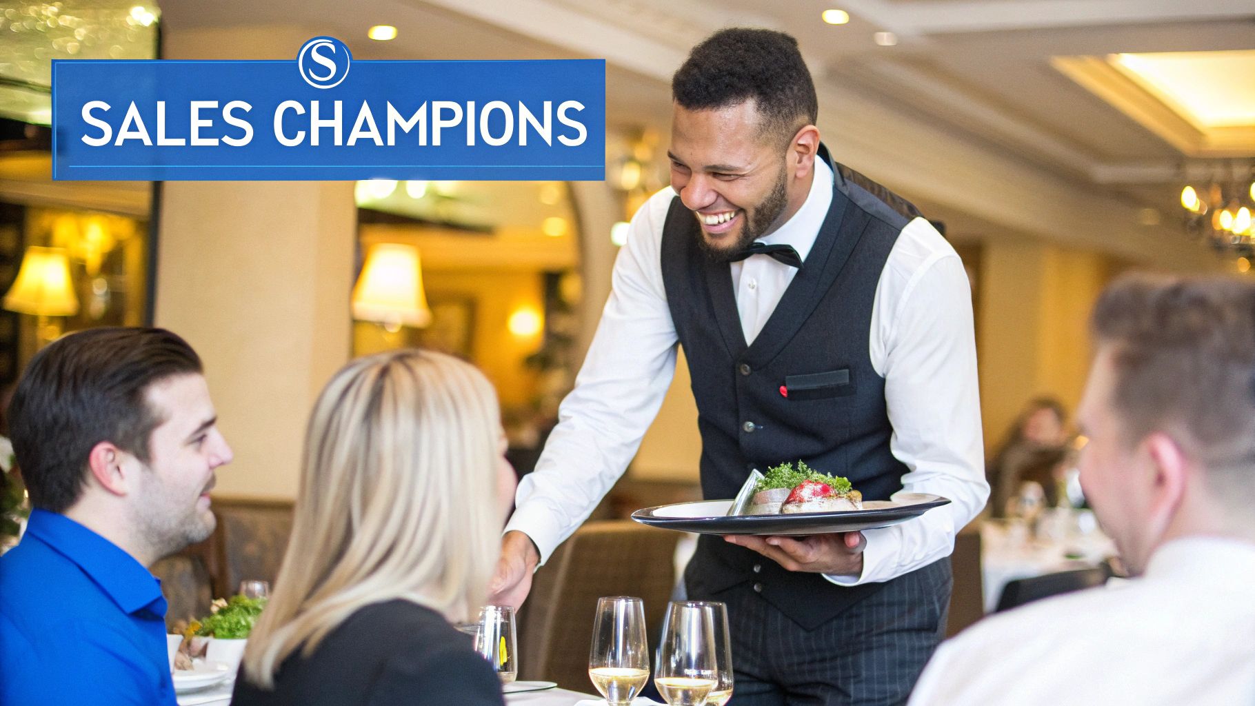 A smiling server presenting a dessert to a table of happy guests in a bustling restaurant.