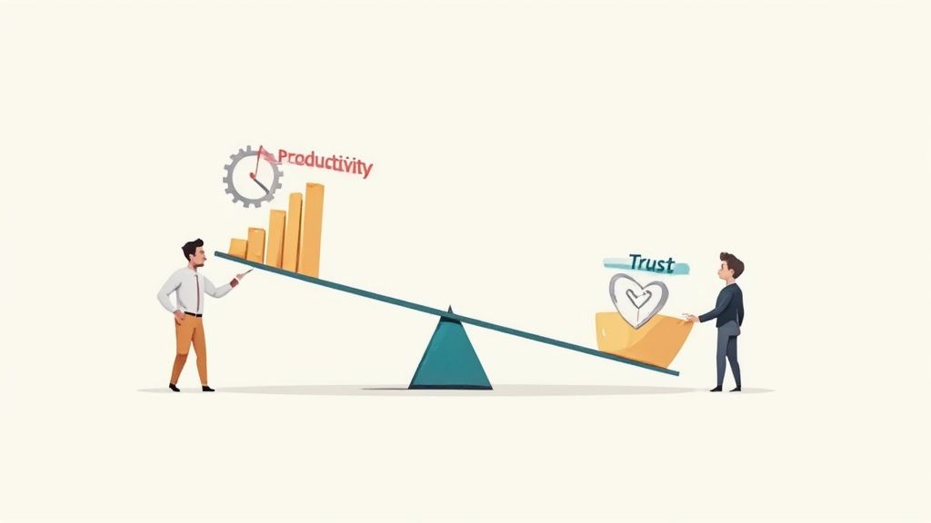 Illustration of two men balancing productivity metrics and trust on a seesaw, showing their relationship.