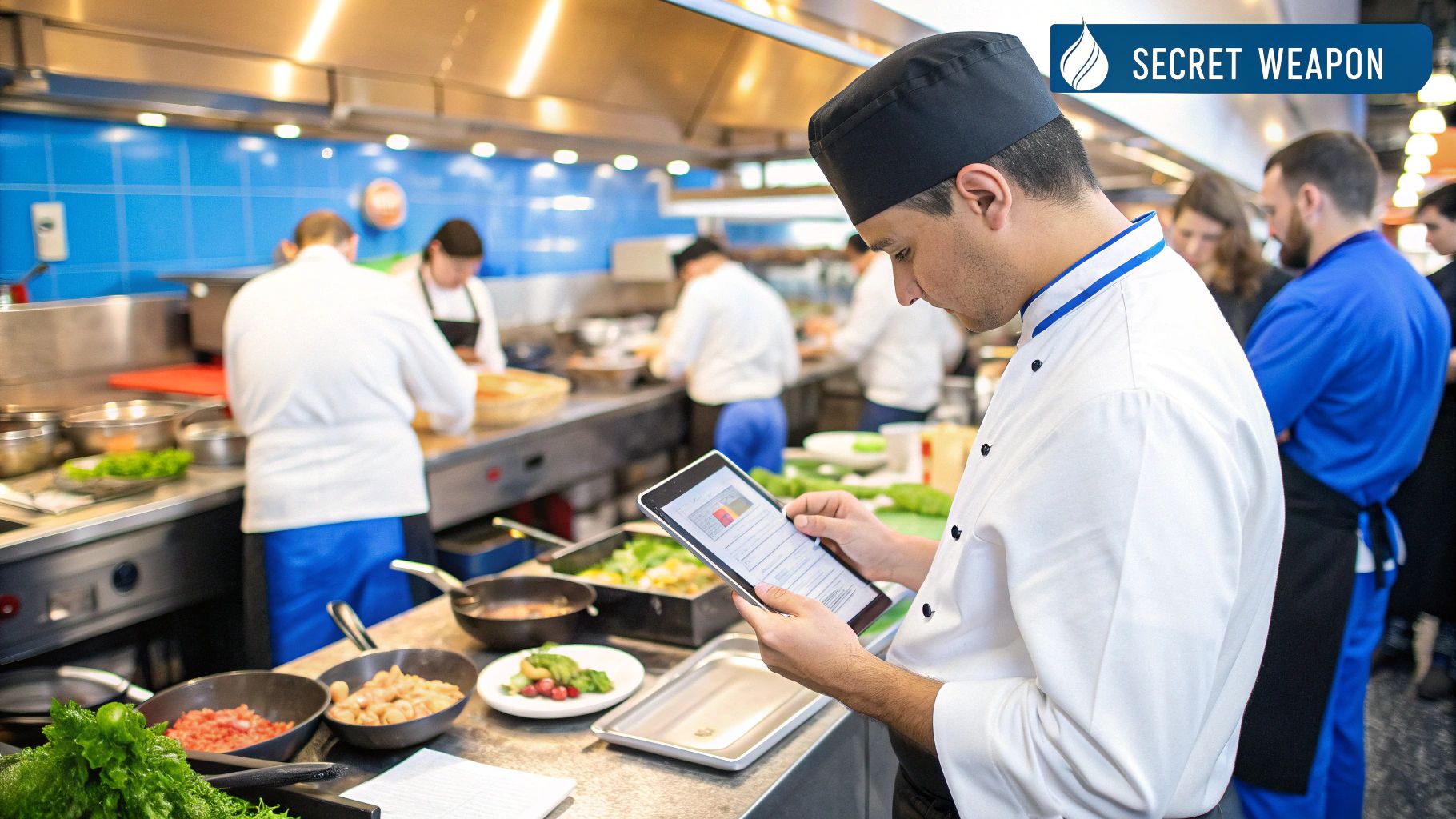 A restaurant manager using a tablet to check inventory levels in a well-stocked kitchen pantry.